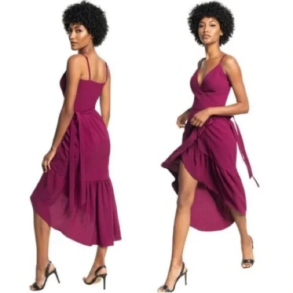 DRESS THE POPULATION Delphine Crepe Wrap Midi Dress dark magenta v neck elegant - Picture 2 of 8